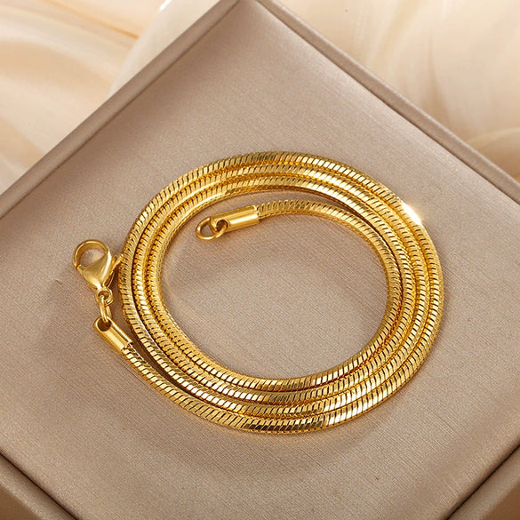 Wholesale Jewelry Stainless Steel Snake Bone Chain Necklace Women's Geometric Style Plated With 24K Gold Pigment