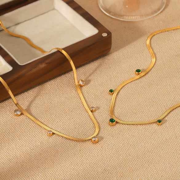 Wholesale Jewelry Stainless Steel Snake Bone Chain Set With Round Zircon Geometric Style For Women