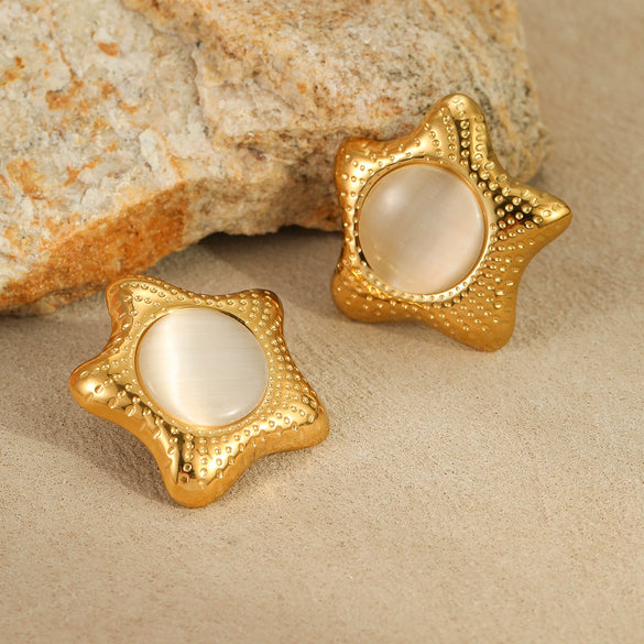 Wholesale Jewelry Stainless Steel Star Inlaid Cat's Eye Stone Electroplated Women's Earrings Ring Suit Fashion Design