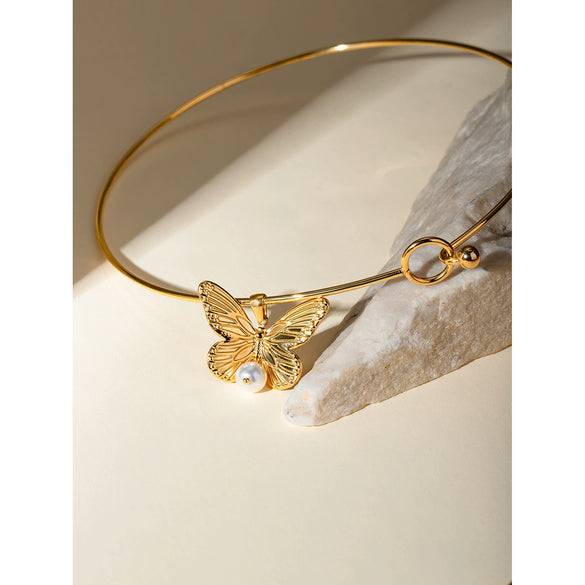 Wholesale Jewelry Stainless Steel Titanium Steel Geometric Butterfly Hanging Pearl Pendant Collar
