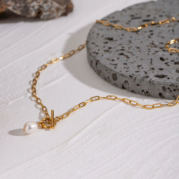 Wholesale Jewelry Stainless Steel Titanium Steel Geometric Otter Buckle Pearl Pendant Chain Necklace Electroplated