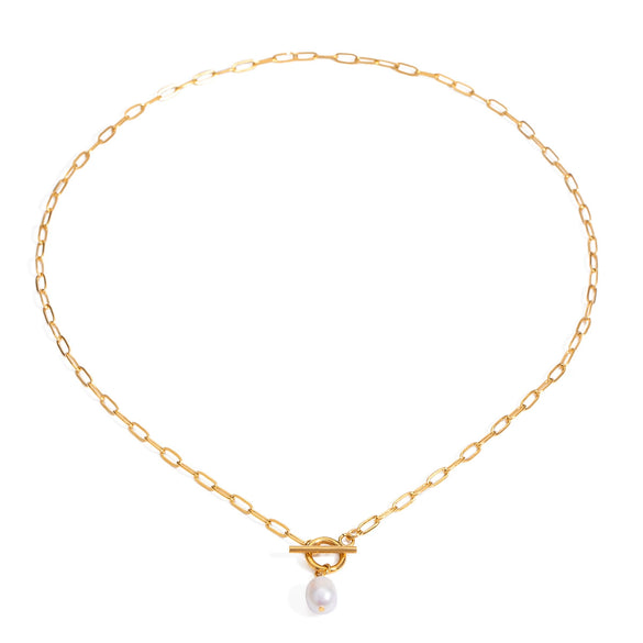 Wholesale Jewelry Stainless Steel Titanium Steel Geometric Otter Buckle Pearl Pendant Chain Necklace Electroplated