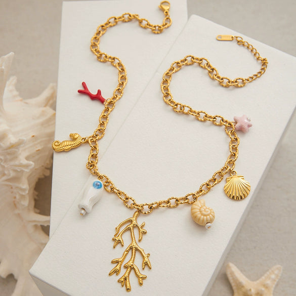 Wholesale Jewelry Stainless Steel Titanium Steel Geometric Pendant Necklace With Seahorse Conch Starfish Original Design Electroplated For Women
