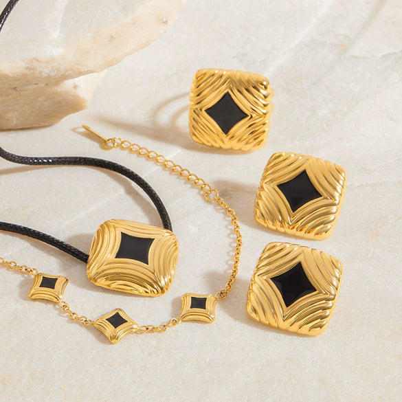 Wholesale Jewelry Stainless Steel Titanium Steel Geometric Quadrilateral Electroplated Women's Ring Earrings Necklace