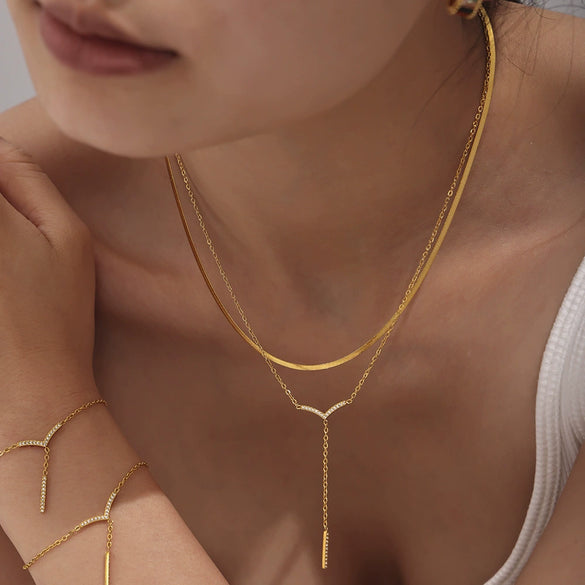 Wholesale Jewelry 316L Stainless Steel Vshaped Tassel Long Strip Inlaid Zircon Electroplated Light Luxury Women's Clavicle Necklace Bracelet