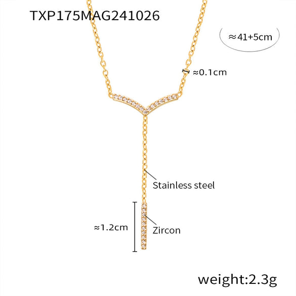 Wholesale Jewelry 316L Stainless Steel Vshaped Tassel Long Strip Inlaid Zircon Electroplated Light Luxury Women's Clavicle Necklace Bracelet