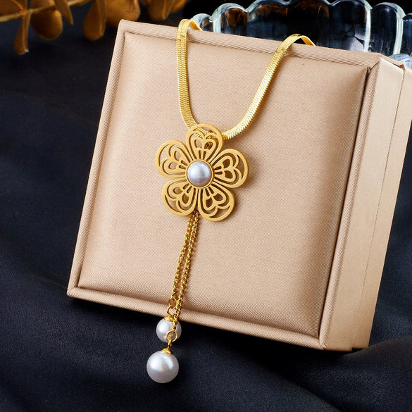 Wholesale Jewelry Stainless Steel Women's Fashion Plants And Flowers Pattern Hollow Flower Tassel Chain Necklace Earrings Set With Electroplating