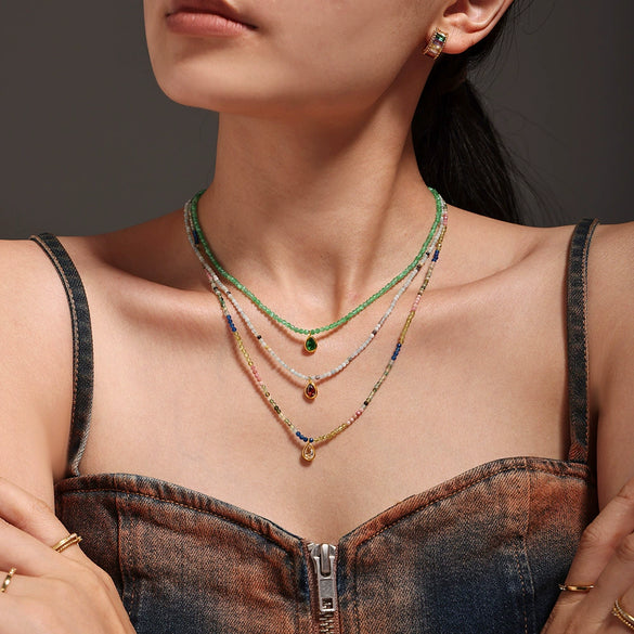 Wholesale Jewelry 316L Stainless Steel Zircon Geometric Water Drop Pendant Necklace With Ball Chain Light Luxury Electroplated For Women