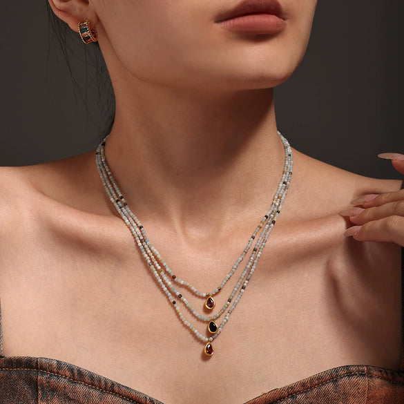 Wholesale Jewelry 316L Stainless Steel Zircon Geometric Water Drop Pendant Necklace With Ball Chain Light Luxury Electroplated For Women
