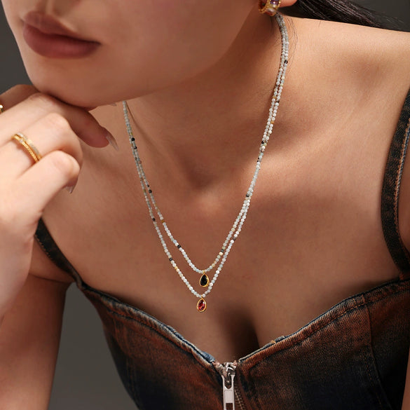 Wholesale Jewelry 316L Stainless Steel Zircon Geometric Water Drop Pendant Necklace With Ball Chain Light Luxury Electroplated For Women