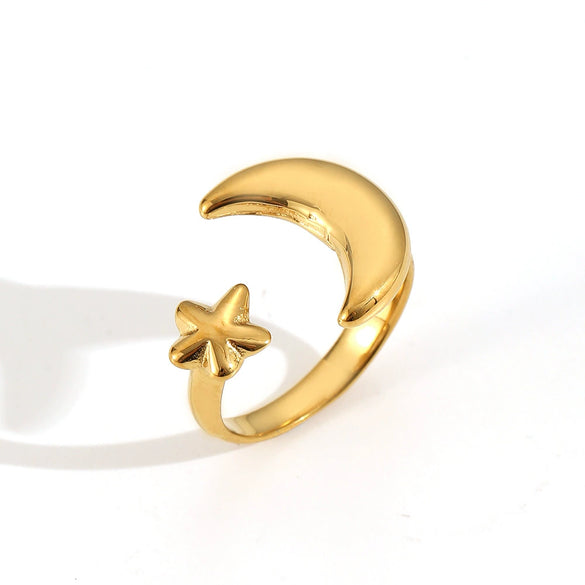 Wholesale Jewelry Star Moon Geometric Stainless Steel Opening Ring 18K Gold Plated