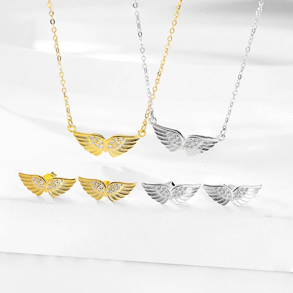 Wholesale Jewelry 925 Sterling Silver Angel Wings Necklace And Earrings For Women Fashion Personality Light Luxury Design