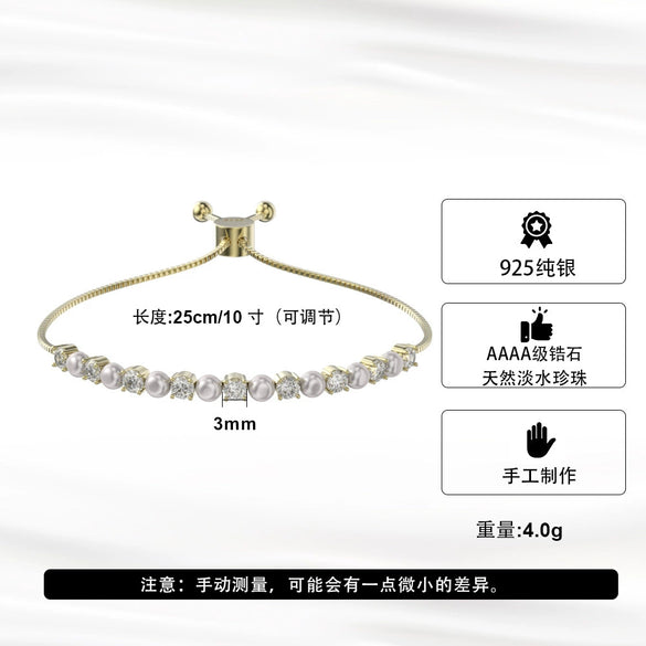 Wholesale Jewelry 925 Sterling Silver Bracelet With Zircon And Freshwater Pearl Geometric Elegant Retro Electroplated Women's Style