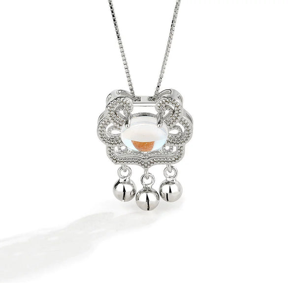 Wholesale Jewelry 925 Sterling Silver Geometric Long Life Lock Bell Necklace With Moonstone And Electroplating Treatment