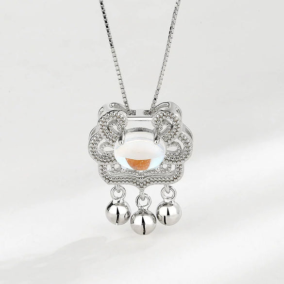 Wholesale Jewelry 925 Sterling Silver Geometric Long Life Lock Bell Necklace With Moonstone And Electroplating Treatment