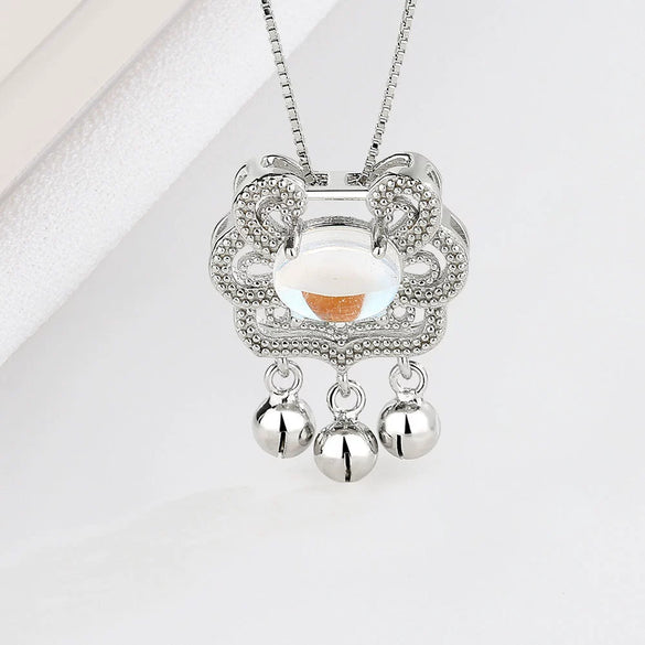Wholesale Jewelry 925 Sterling Silver Geometric Long Life Lock Bell Necklace With Moonstone And Electroplating Treatment