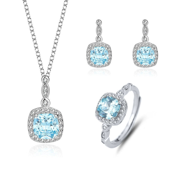 Wholesale Jewelry Sterling Silver Heart Ocean Blue Gemstone Geometric Light Luxury Threepiece Set