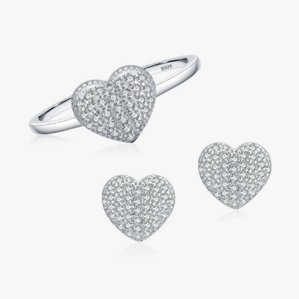 Wholesale Jewelry Sterling Silver Light Luxury Heart Shaped Micro Inlay Women's Ring And Earrings