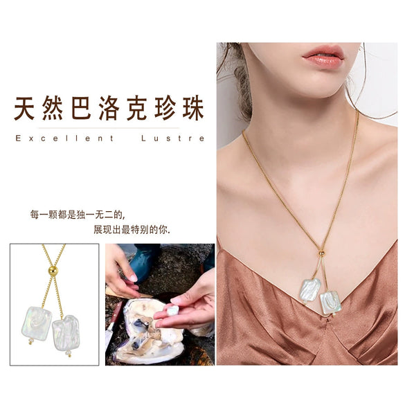 Wholesale Jewelry Sterling Silver Natural Freshwater Pearl Baroque Double Pendant Necklace Geometric Twisted Chain Electroplated For Women