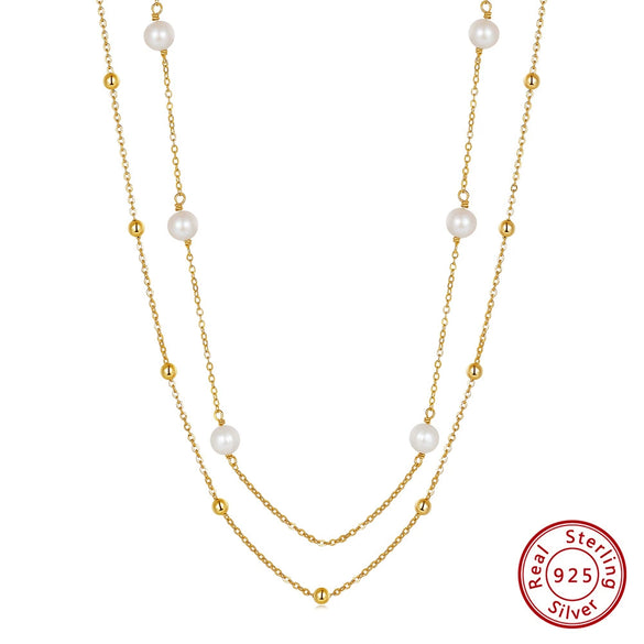 Wholesale Jewelry Sterling Silver Pearl Double Layer Stacked Necklace Geometric Electroplating Women's