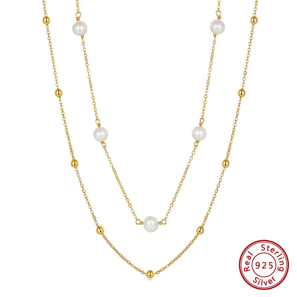 Wholesale Jewelry Sterling Silver Pearl Double Layer Stacked Necklace Geometric Electroplating Women's
