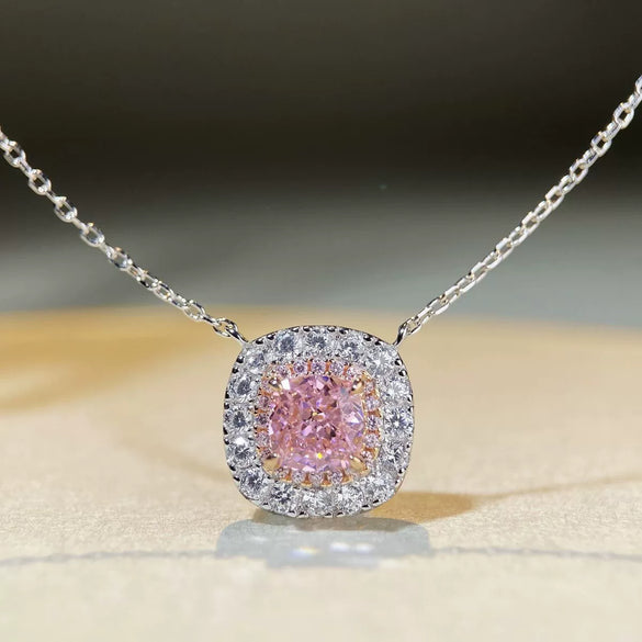 Wholesale Jewelry 925 Sterling Silver Square Pattern Electroplated Pink Diamond Ice Flower Cut Raydian Cut Zircon High Carbon Diamond Women's Necklace Pendant Earrings Ring Set