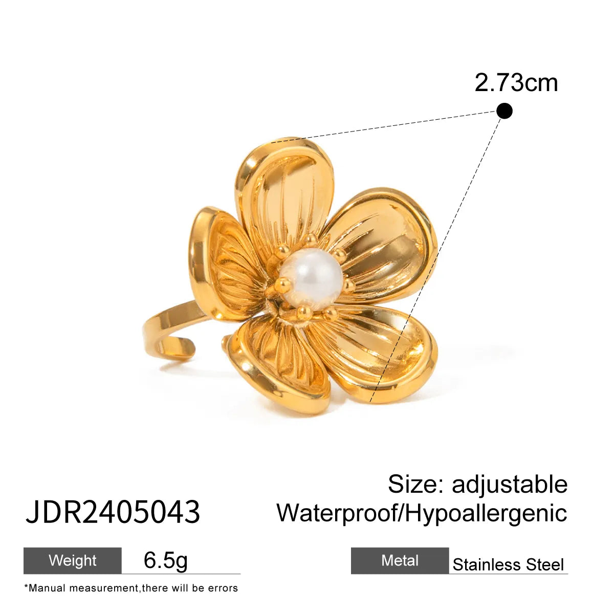 Wholesale Jewelry Sweet Artistic Flower 304 Stainless Steel Artificial Pearls 18K Gold Plated Inlay Open Rings