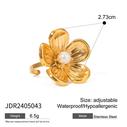 Wholesale Jewelry Sweet Artistic Flower 304 Stainless Steel Artificial Pearls 18K Gold Plated Inlay Open Rings