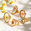 Wholesale Jewelry Sweet Artistic Four Leaf Clover Oval Flower 304 Stainless Steel 18K Gold Plated Rings