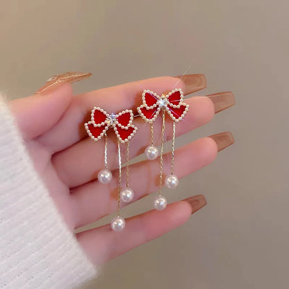 Wholesale Jewelry Sweet Bow Knot Alloy Artificial Pearls Inlay Drop Earrings