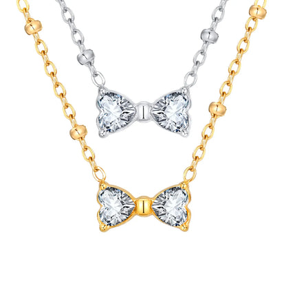 Wholesale Jewelry Sweet Classic Style Bow Knot 201 Stainless Steel Zircon 18K Gold Plated Inlay Pendant Necklace