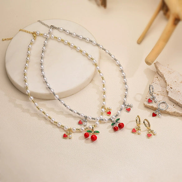 Wholesale Jewelry Sweet Fruit Style Copper Inlaid With Pearls Round Bead Earrings And Necklace