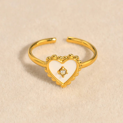 Wholesale Jewelry Sweet Heart Shape 304 Stainless Steel Shell Zircon 18K Gold Plated Inlay Open Rings