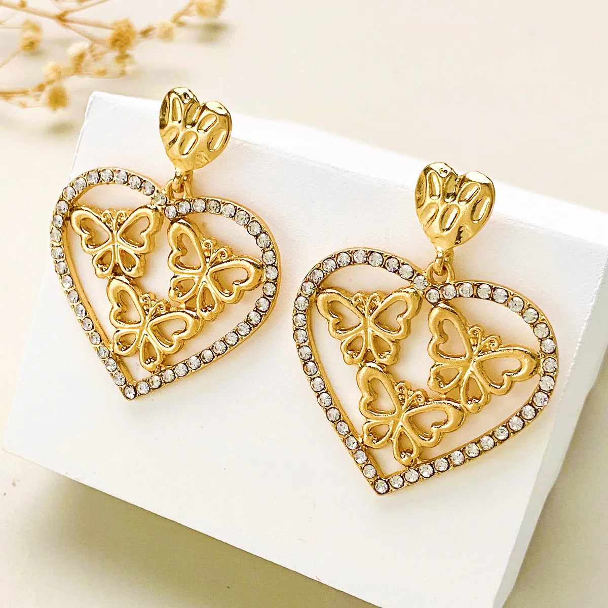 Wholesale Jewelry Sweet Heart Shape Alloy Artificial Diamond Inlay Drop Earrings