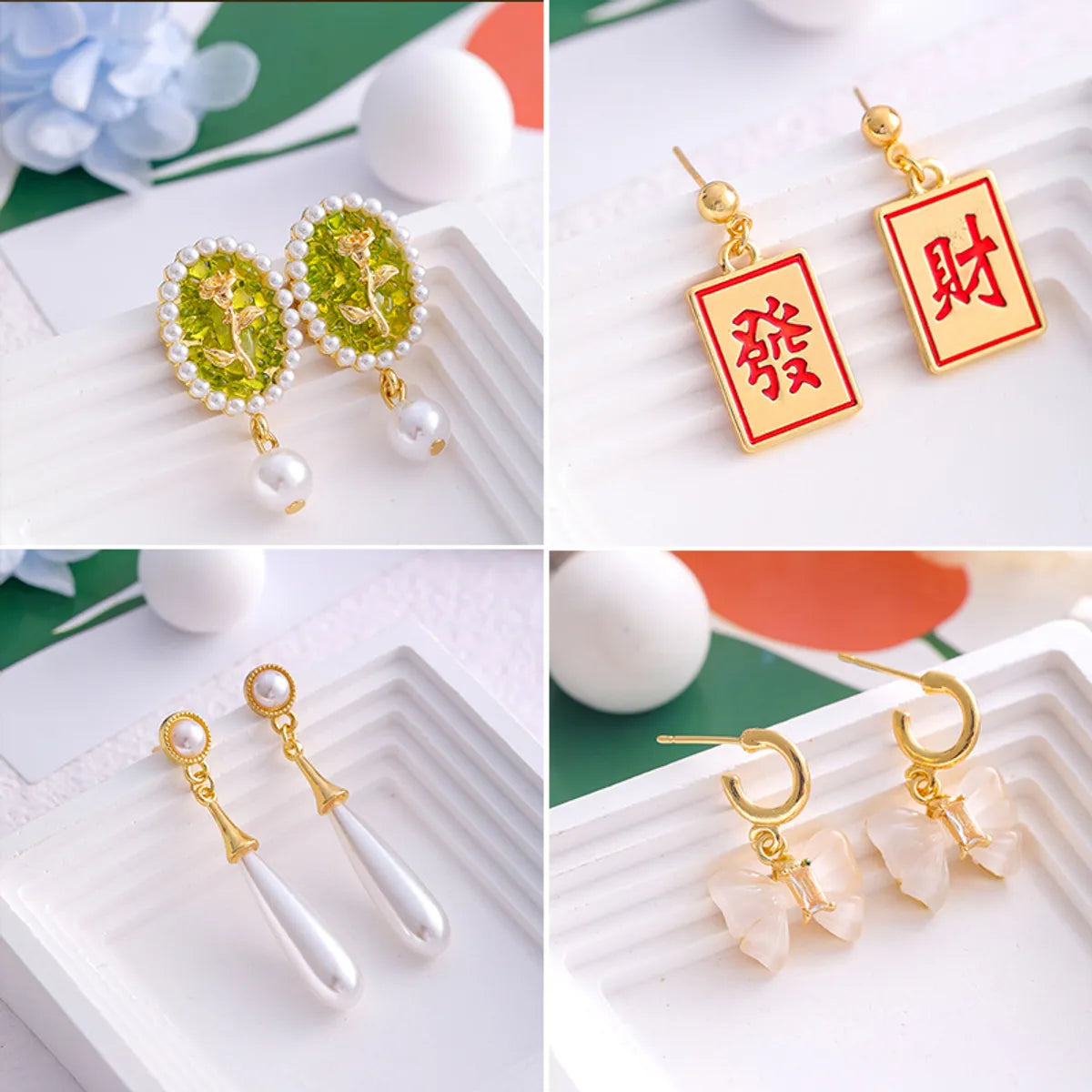 Wholesale Jewelry Sweet Heart Shape Flower Bow Knot Mixed Materials Rhinestones Pearl Plating Inlay Drop Earrings