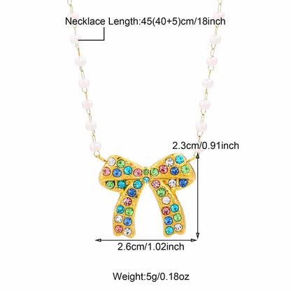 Wholesale Jewelry Sweet IG Style Bow Knot 304 Stainless Steel Pearl Zircon Beaded Inlay Necklace