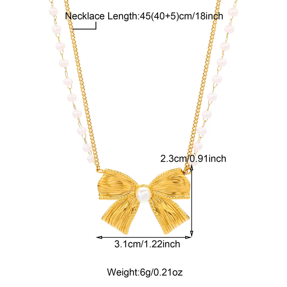 Wholesale Jewelry Sweet IG Style Bow Knot 304 Stainless Steel Pearl Zircon Beaded Inlay Necklace