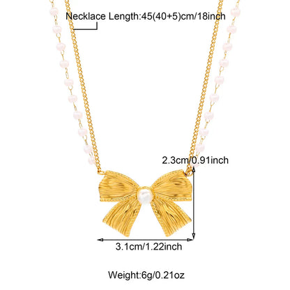 Wholesale Jewelry Sweet IG Style Bow Knot 304 Stainless Steel Pearl Zircon Beaded Inlay Necklace