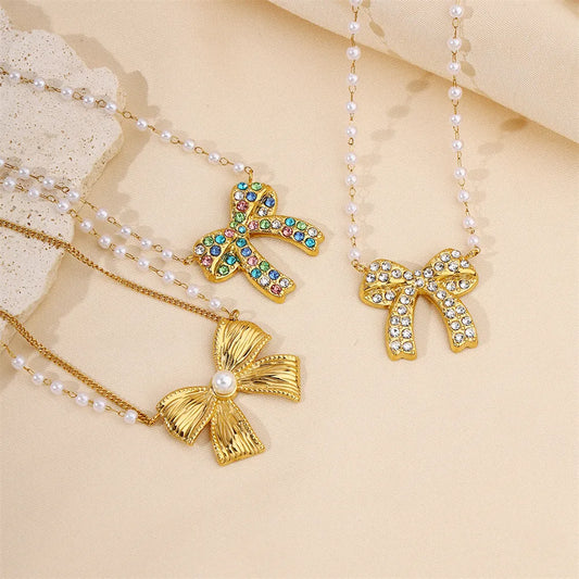 Wholesale Jewelry Sweet IG Style Bow Knot 304 Stainless Steel Pearl Zircon Beaded Inlay Necklace