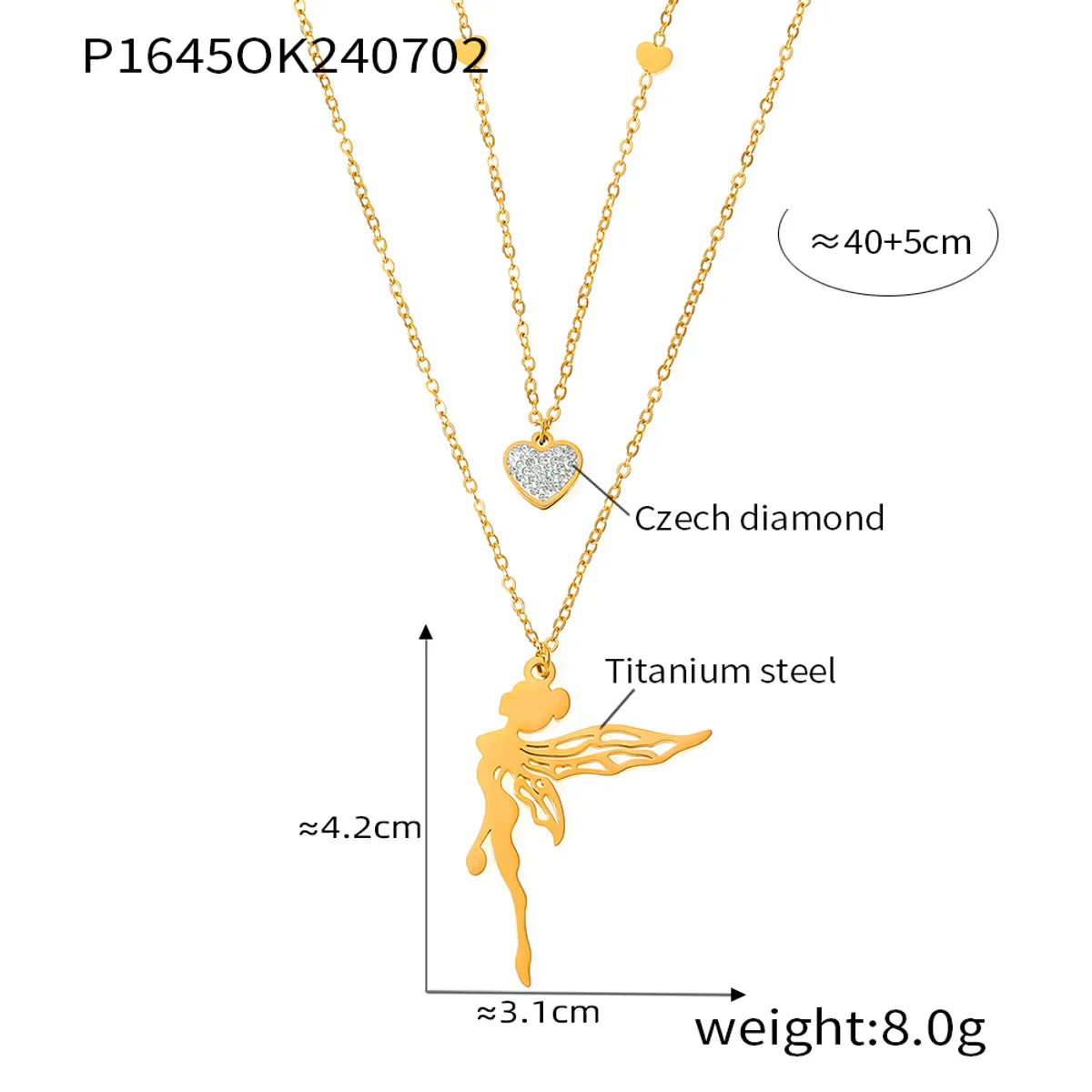 Wholesale Jewelry Sweet Korean Style Angel Heart Shape 304 Stainless Steel Rhinestones 18K Gold Plated Layered Plating Inlay Double Layer Necklaces Pendant Necklace