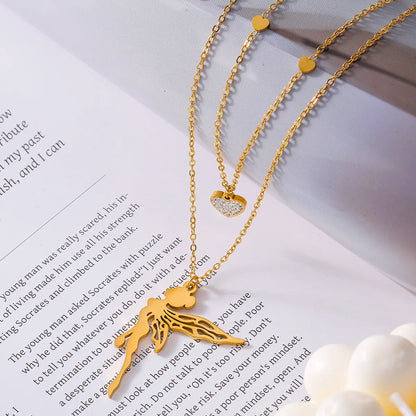 Wholesale Jewelry Sweet Korean Style Angel Heart Shape 304 Stainless Steel Rhinestones 18K Gold Plated Layered Plating Inlay Double Layer Necklaces Pendant Necklace