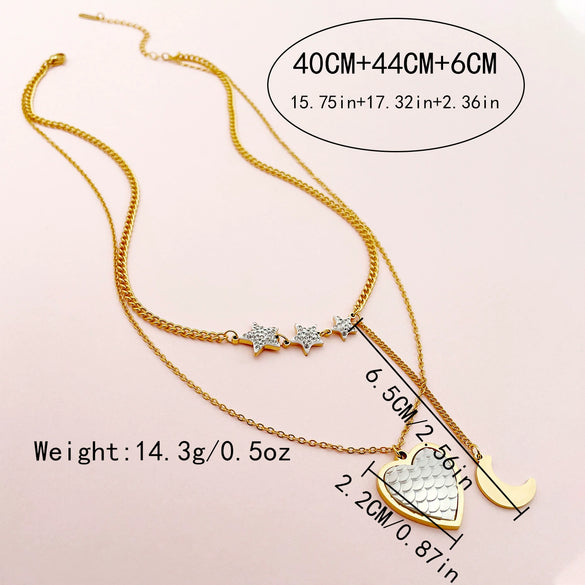 Wholesale Jewelry Sweet Multi Layer Stainless Steel Gold Plated Love Star Pendant Necklace For Women Fashion Style With Heart And Star Patterns
