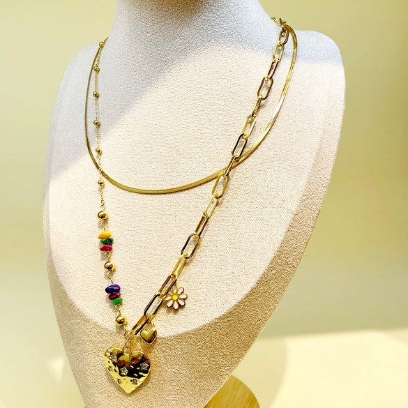 Wholesale Jewelry Sweet Multi Layer Stainless Steel Gold Plated Love Star Pendant Necklace For Women Fashion Style With Heart And Star Patterns