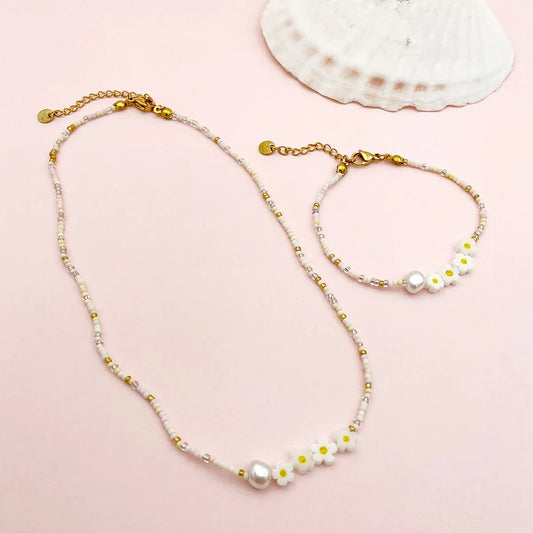 Sweet Pastoral Flower Gold Plated Crystal Pearl Beads 304 Stainless Steel Beaded Wholesale Bracelets Necklace