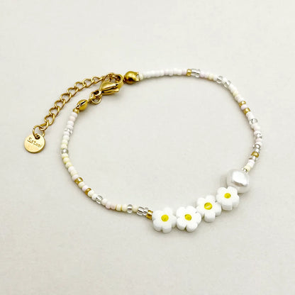 Sweet Pastoral Flower Gold Plated Crystal Pearl Beads 304 Stainless Steel Beaded Wholesale Bracelets Necklace