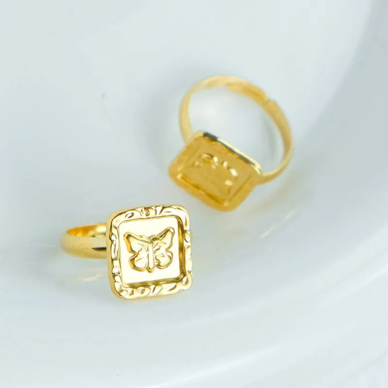 Wholesale Jewelry Sweet Pastoral Square Butterfly 304 Stainless Steel 14K Gold Plated Plating Hollow Out Rings