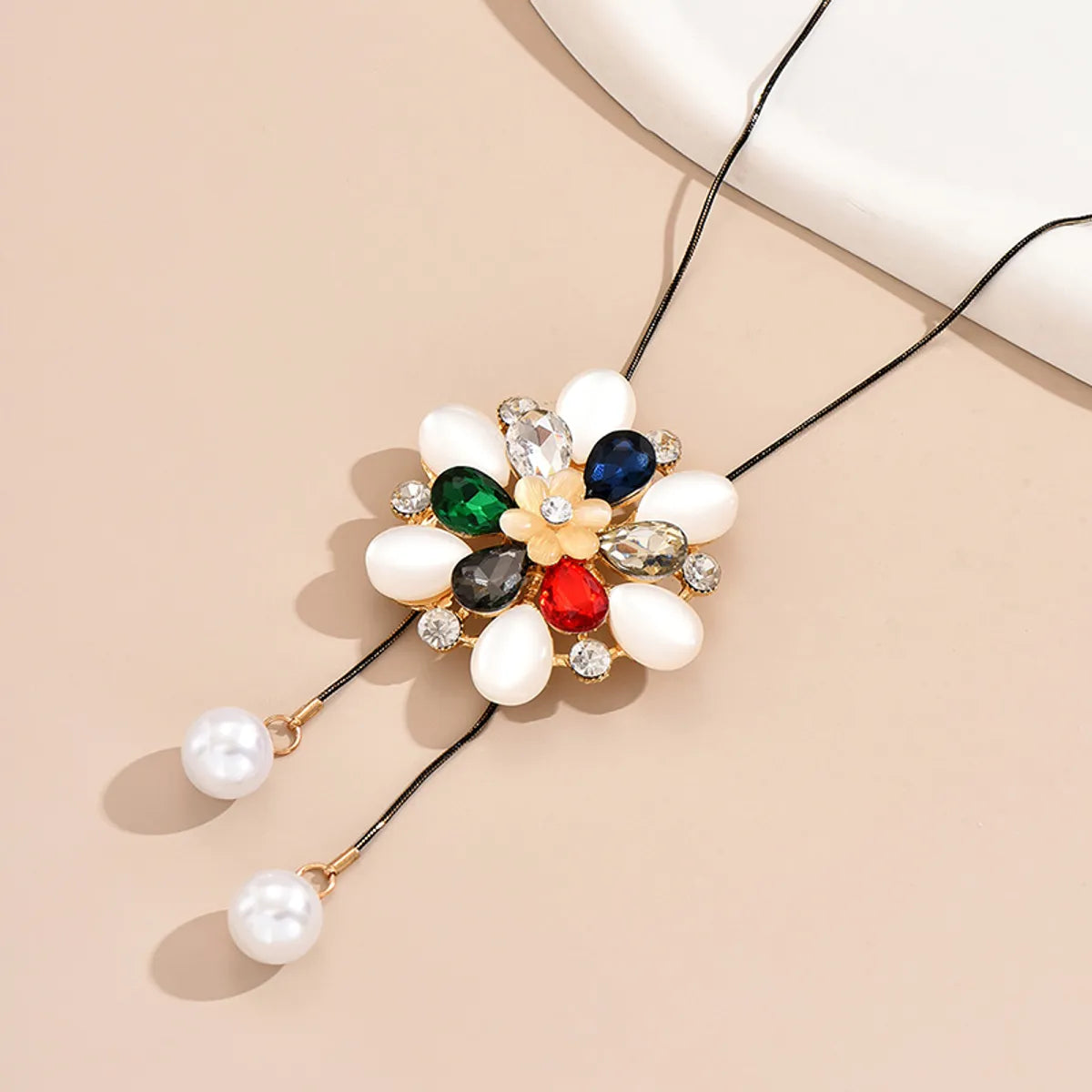 Wholesale Jewelry Sweet Shiny Flower Alloy Rhinestones Pearl Plating Inlay Sweater Chain Long Necklace