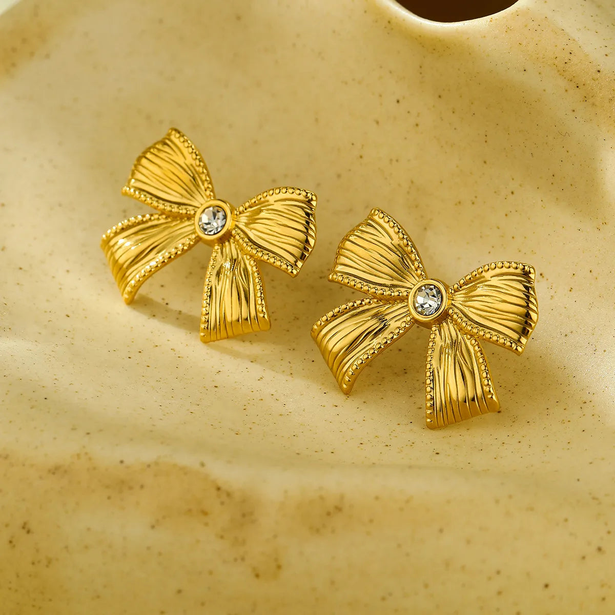 Wholesale Jewelry Sweet Simple Style Bow Knot 304 Stainless Steel Zircon 18K Gold Plated Inlay Rings Earrings Necklace