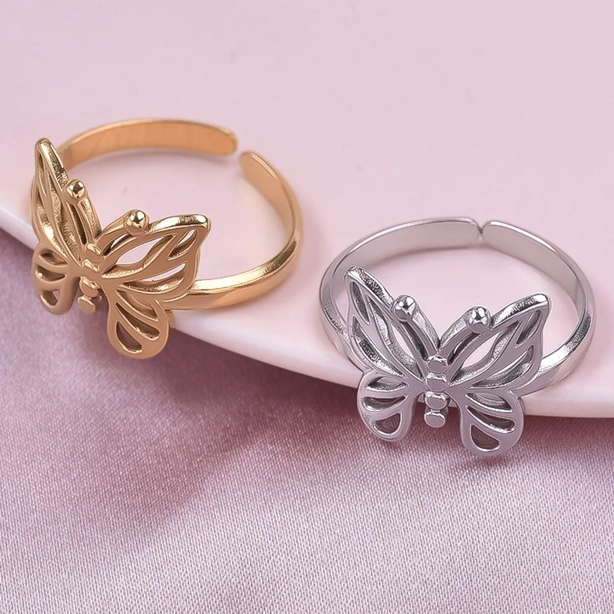 Wholesale Jewelry Sweet Simple Style Butterfly 304 Stainless Steel 18K Gold Plated Polishing Hollow Out Open Rings