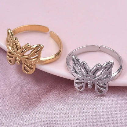 Wholesale Jewelry Sweet Simple Style Butterfly 304 Stainless Steel 18K Gold Plated Polishing Hollow Out Open Rings